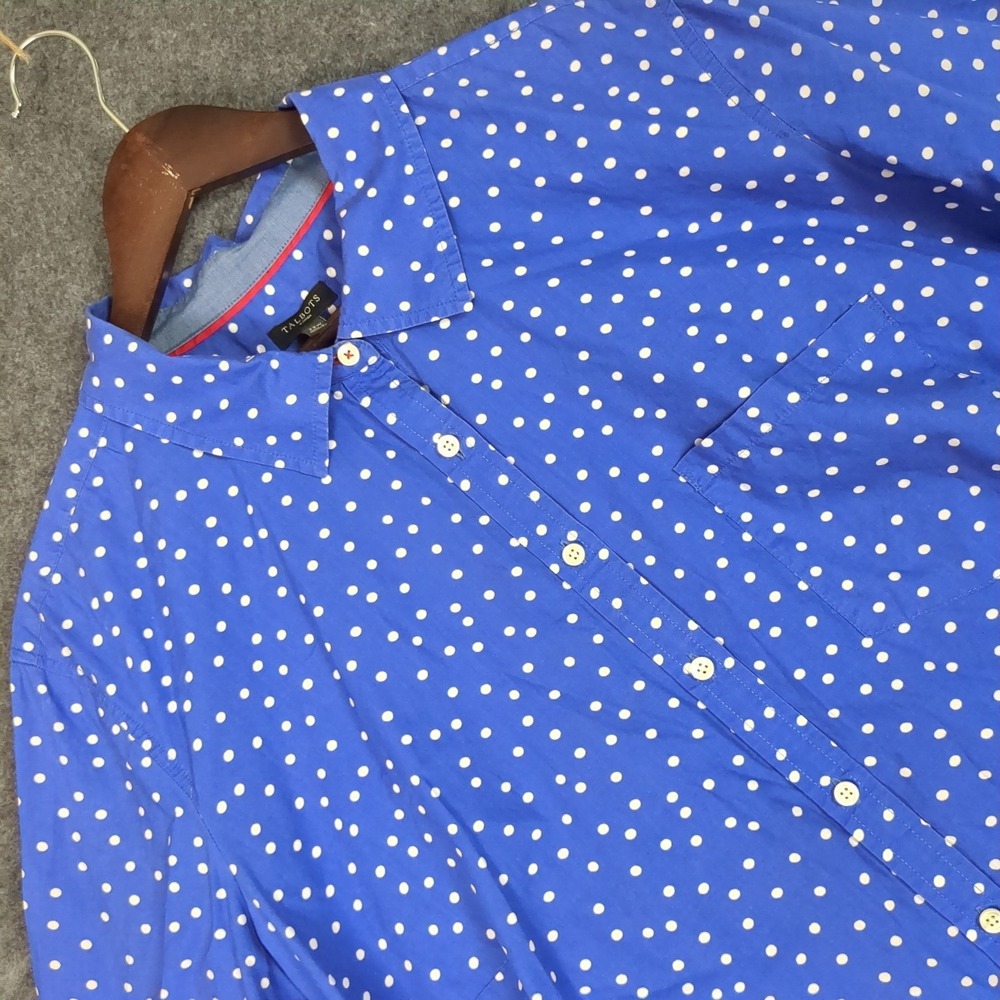 Talbots Woman Plus Size 22W Blue Polka Dot Roll Tab Button Down Shirt Cotton